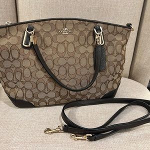 Coach Signature Jacquard and refined leather small crossbody-hand bag. Pre-loved